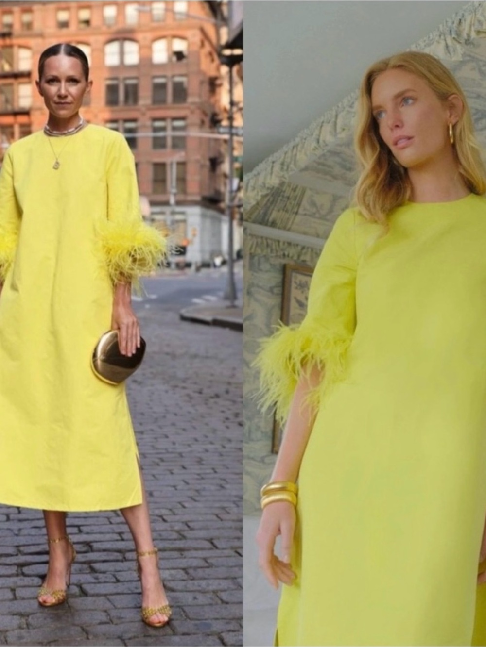 Tuckernuck Yellow Feather-Trim Midi Dress
